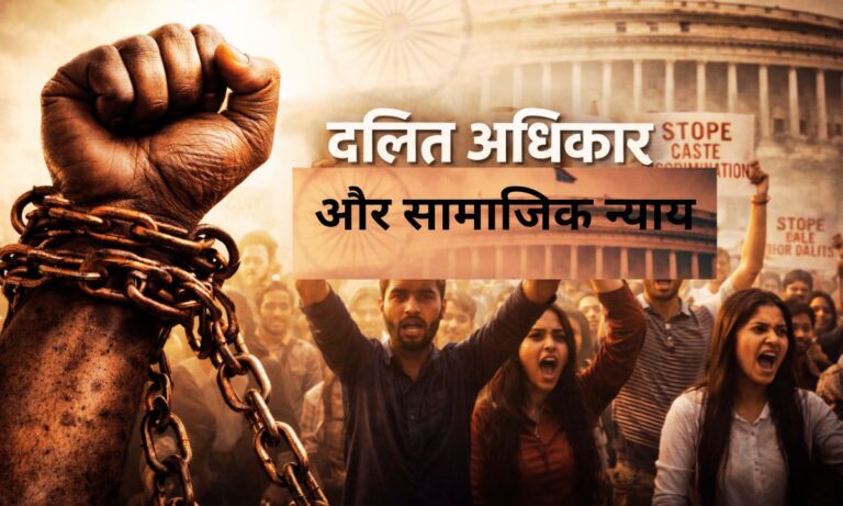 भारत में दलितों के खिलाफ जातिगत भेदभाव और सामाजिक असमानता का प्रतीकात्मक दृश्य