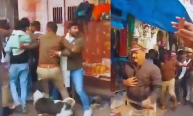 मणिकर्णिका घाट पर अहिल्याबाई होल्कर मूर्ति विवाद को लेकर प्रदर्शन का दृश्य