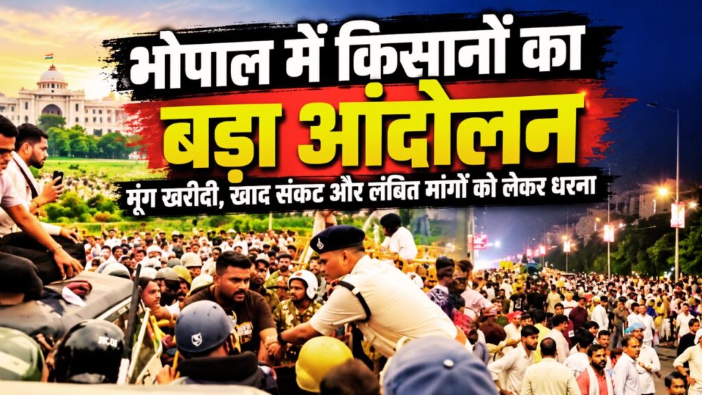 भोपाल में किसान मूंग खरीदी, खाद संकट और लंबित मांगों को लेकर धरना प्रदर्शन करते हुए