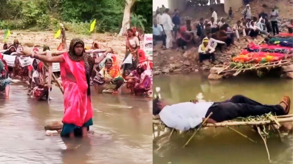 मध्य प्रदेश के छतरपुर क्षेत्र में केन-बेतवा लिंक परियोजना से प्रभावित ग्रामीण पुनर्वास और मुआवज़े को लेकर प्रदर्शन करते हुए
